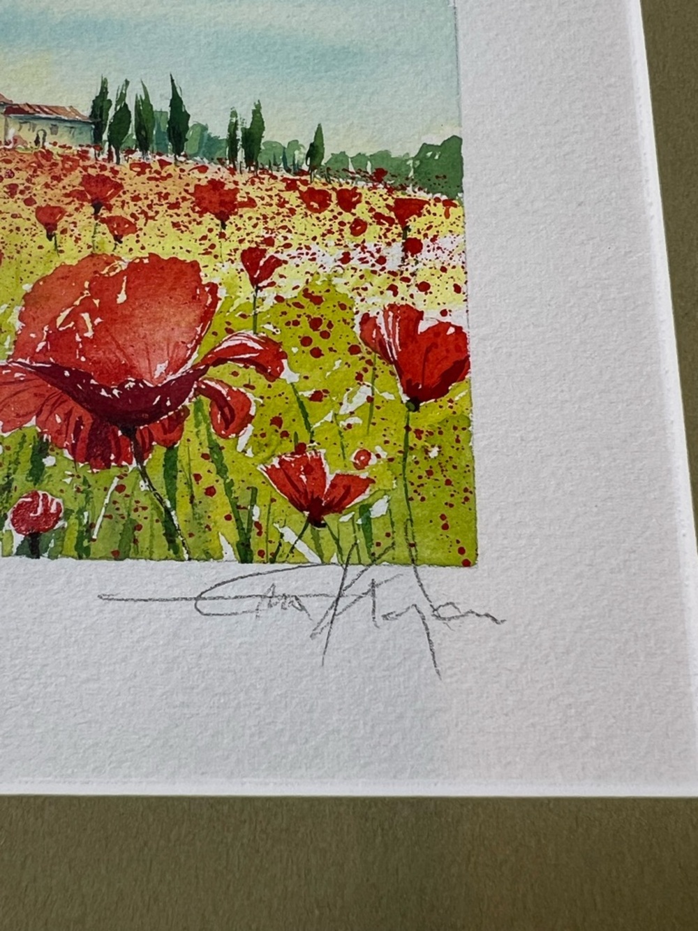 Original Signed Poppy Field Watercolor | Tuscan Landscape | Framed 12x12 - Picture 4 of 8